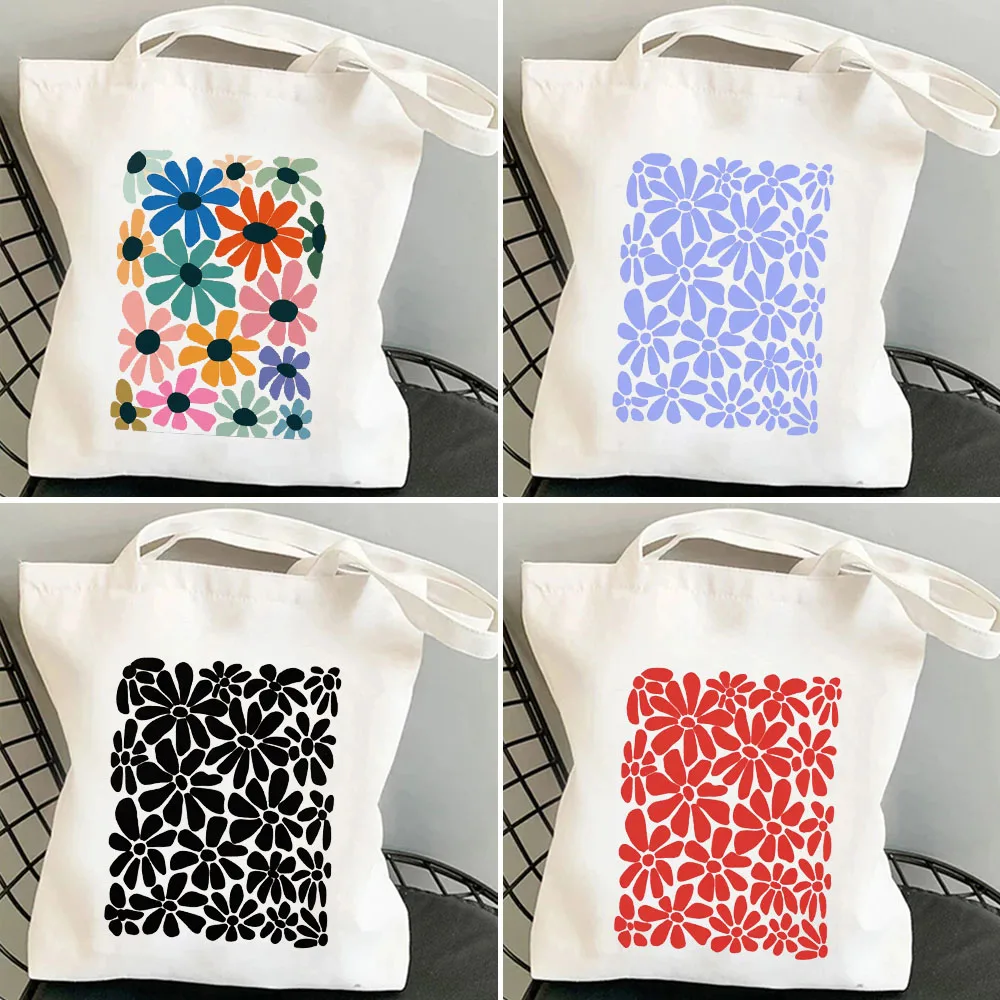 Rainbow Color Retro Floral Teal Daisy Sunflower Black and White Flower Women\'s Canvas Shoulder Tote Bag Shopper Shopping Handbag