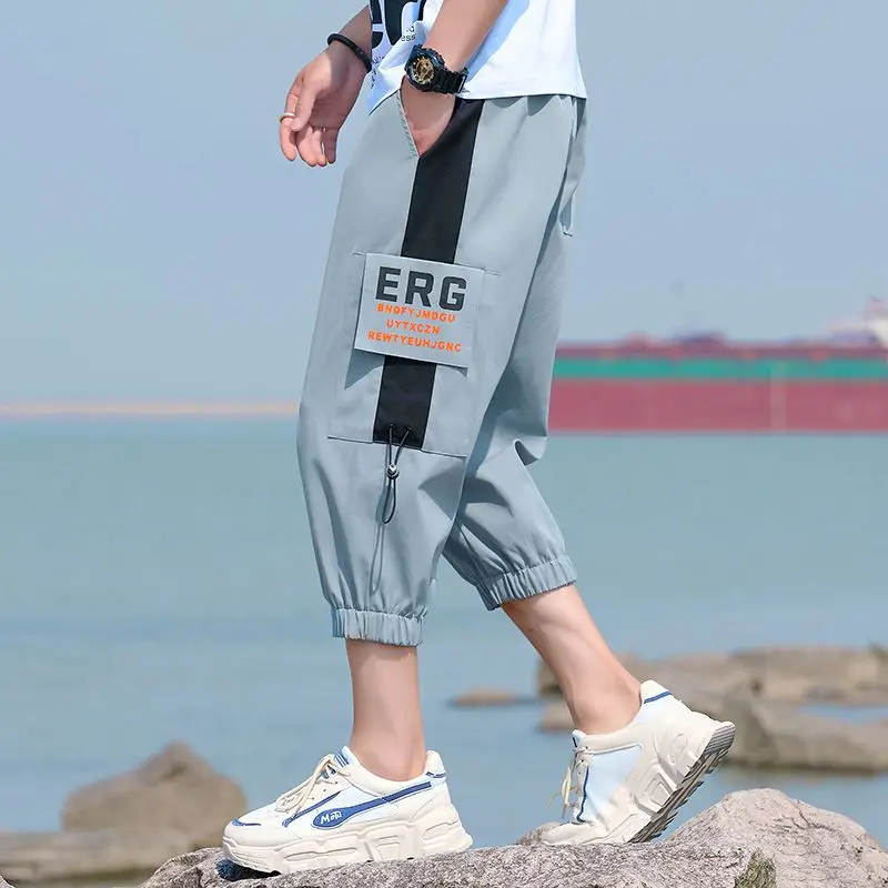 Trendy Brand Fashion New Summer Casual Shorts Men\'s Elastic Waist Drawstring Printing Pocket Young Style Loose Calf Length Pants