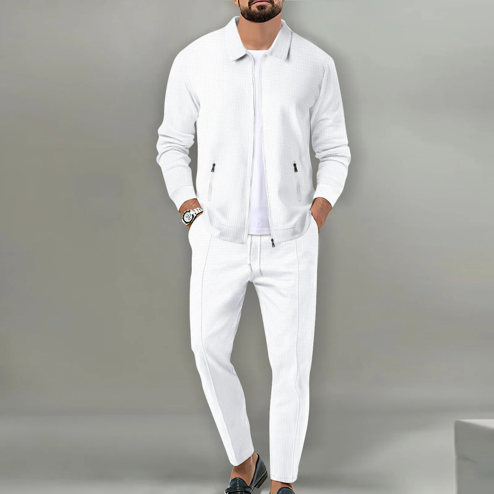 Afbeelding 7: Heren 2-delige wafelgebreide outfit, jack met ritssluiting en reverskraag en broek met trekkoord en rechte pijpen, casual co-ord set