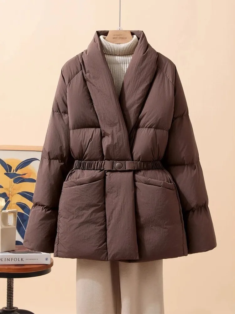 

Elegant Puffer Coat Women Casual Loose V-Neck With Belt Mid-Length Parkas Jacket Coats Fashion Outwear 2025 New Autumn Winter