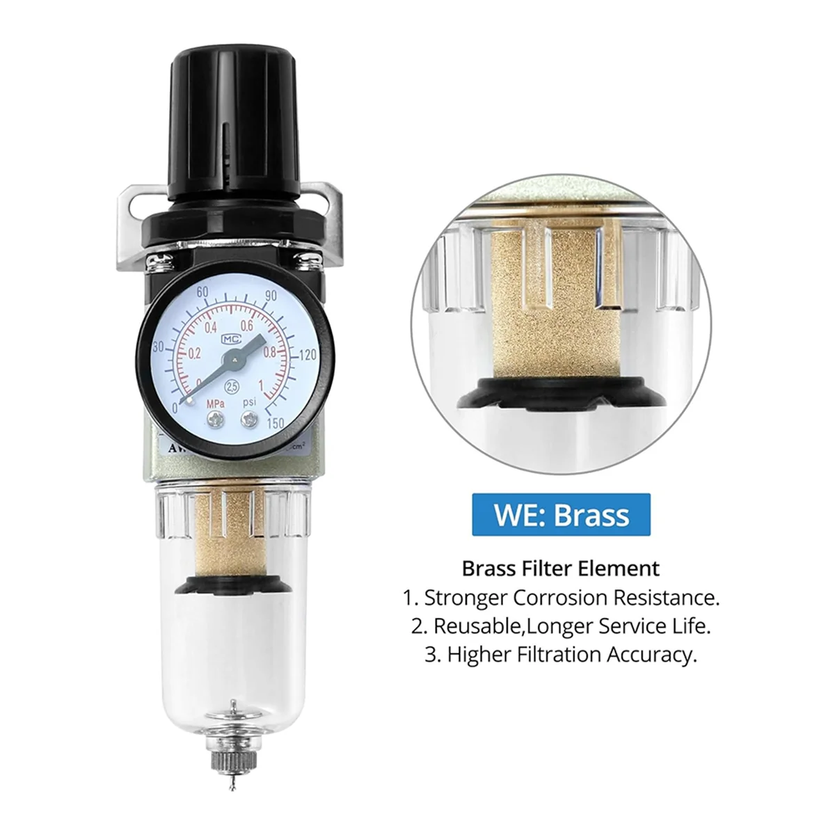 

JAS-1/4 Inch Air Compressor Filter Regulator Combo AW2000-02 - Brass Elements, 150 PSI Max Pressure, Compact Design