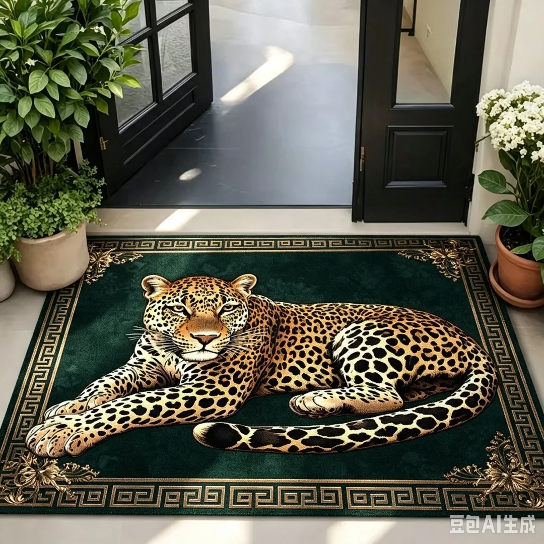 Luxury Golden Frame Leopard Print Rectangle Floor Rug,Elegant Wild Animal Pattern Area Carpet,Vintage Home Decor for Entryway