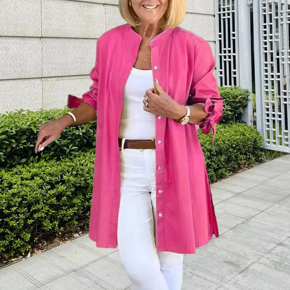 Women Shirt Stand Collar Long Sleeve Lace-up Cuffs Buttons Placket Shirt Solid Color Loose Fit Mid-length Shirt Yellow Top Femme