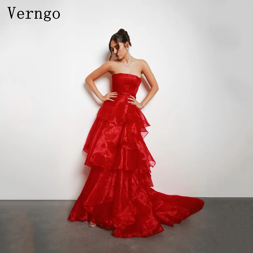 

Verngo Red Elegant Shiny Evening Dress Strapless Side Slit A Line Tiered Prom Dresses Modern Holiday Party Gowns 2026 Customized