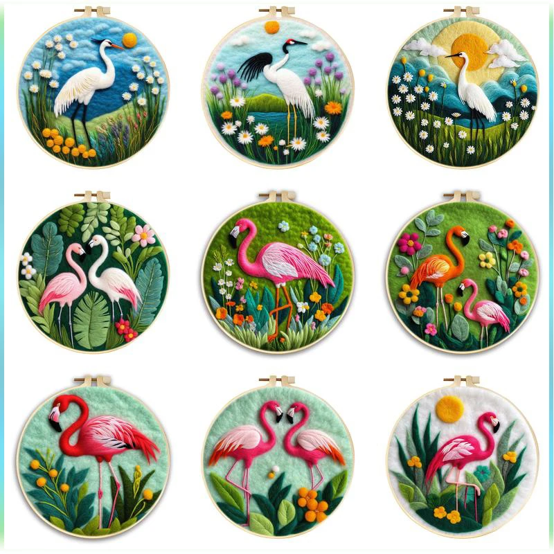 

GATYZTORY Modern Needle Felting Painting With Frame Kit Flamingo and White Crane Handicraft Needle Felt Beginner Kit Wall Decor