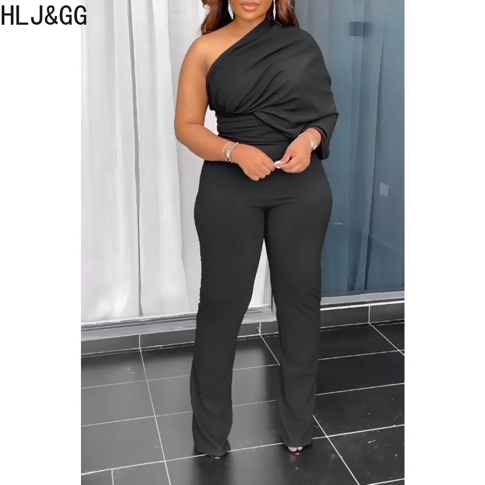 HLJ&GG Black Elegant Lady Solid Color Ruched Jumpsuits Women One Shoulder Long Sleeve Irregular Straight Playsuit Female Overall