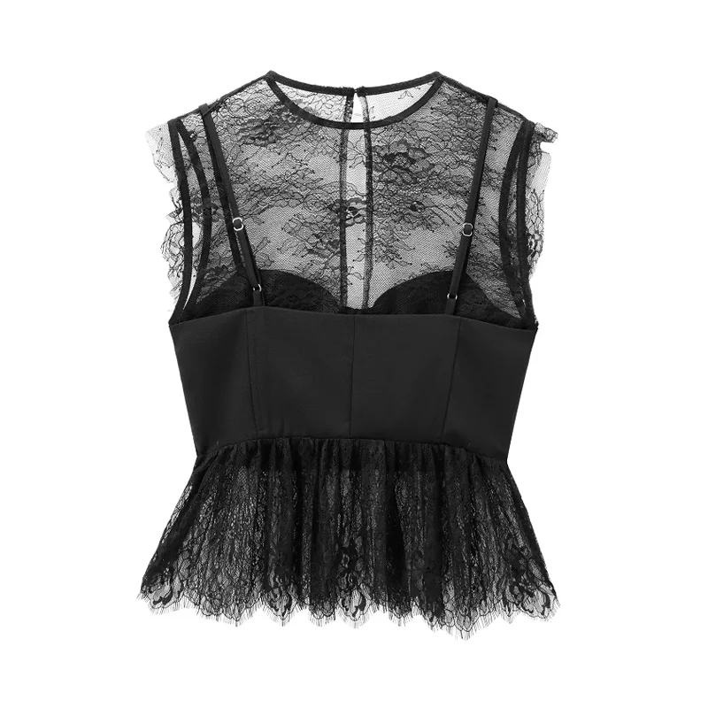 TRAF Lace Ruffled Corset Top 2024 Women\'s Summer Autumn Black Transparent Tank Top Ladies Fashion Casual Elegant Sleeveless Top