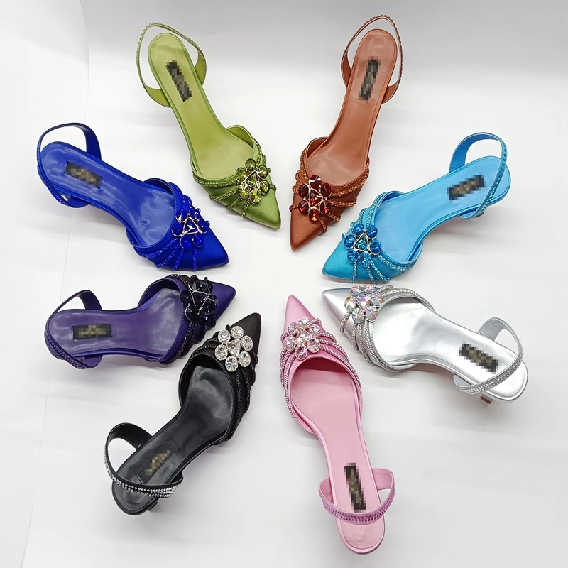 

INSIGHTLINK Female Leather Blue/Pink/Silver Shoes Rhinestone High Heels Women Pumps Closed toe Crystal Party Wedding Dress Shoes