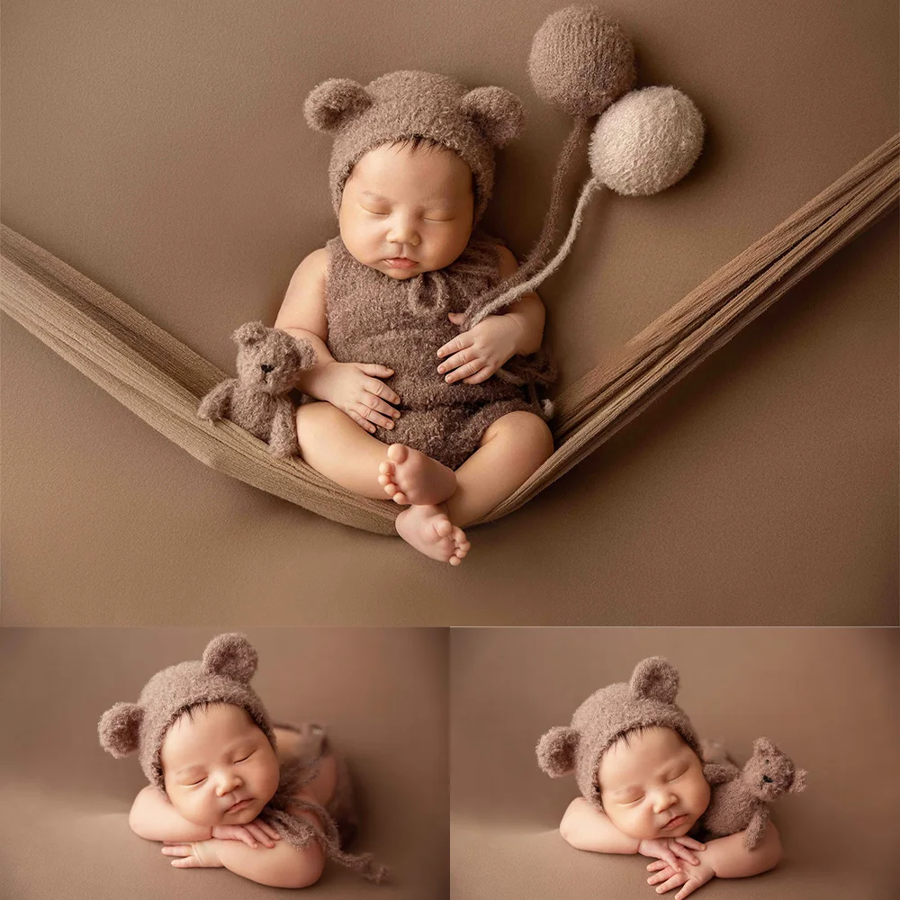 

Lovely Brown Bear Outfit Handmade Crochet Baby Photoshoot Costume Mohair Teddy Bear Doll Wool Balloon Baby Photo Decoration Prop