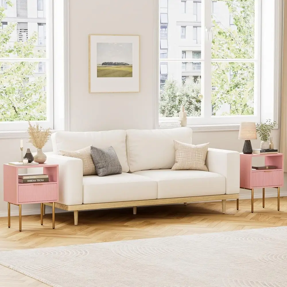 Mesa de cabeceira rosa de inspiração vintage com gaveta e prateleira para quarto e sala de estar