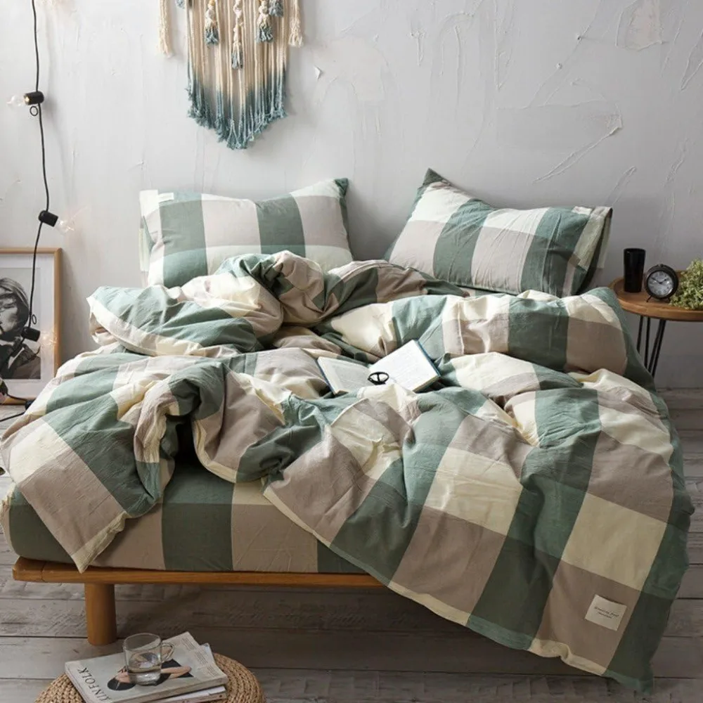 

King Size 100% Cotton Washed Duvet Cover Set - Simple Style, Ultra Soft, Easy Care, Green/Khaki