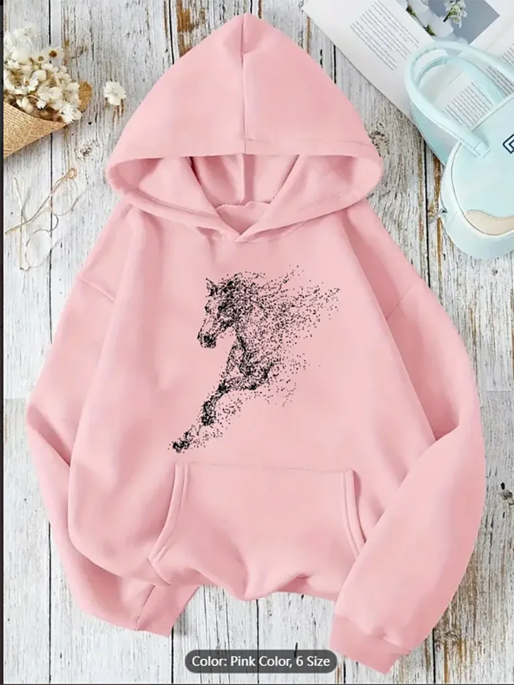 

Женская повседневная толстовка с капюшоном на флисовой подкладке, летающая лошадь, графический принт, карман-кенгуру, капюшон на шнурке, Хизер, чистый хлопок