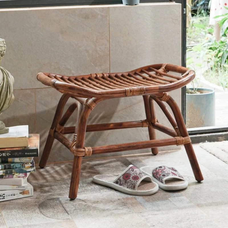 Vintage Japanese Rattan Boat-Shaped Ottoman Footstool Solid Wood Sofa Leg Rest for Living Room Bedroom Guesthouse