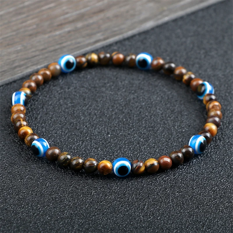 Turkish Blue Evil Eyes Bracelet 4mm Mini Beads Natural Tiger Eye Lava Stone Lucky Bracelets for Women Men Jewelry Pulseras Homme