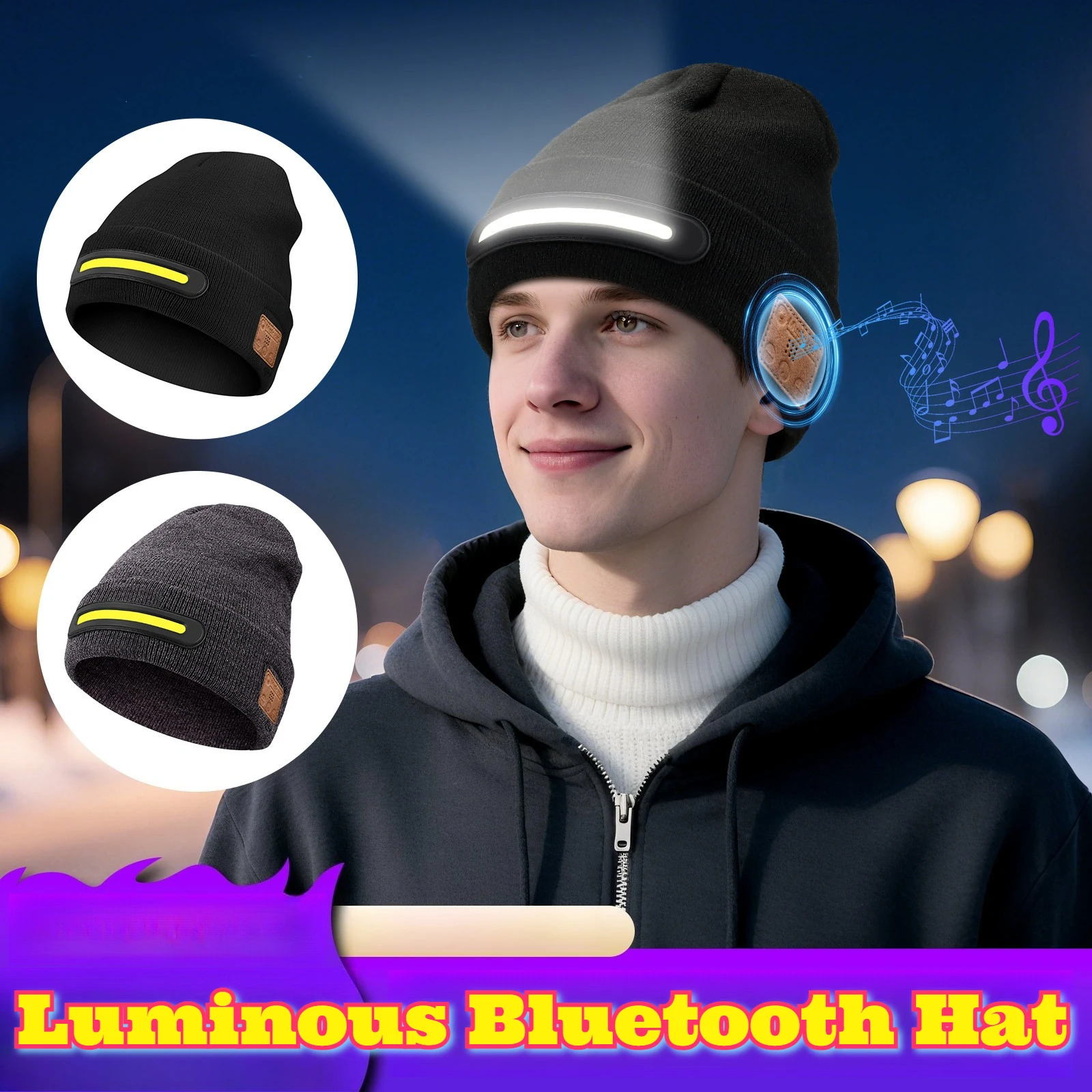 Wireless Bluetooth Beanie Hat LED Lights Built Speakers Glowing Cap Night Use Christmas Party Gifts Adult Warm Knit Headphone