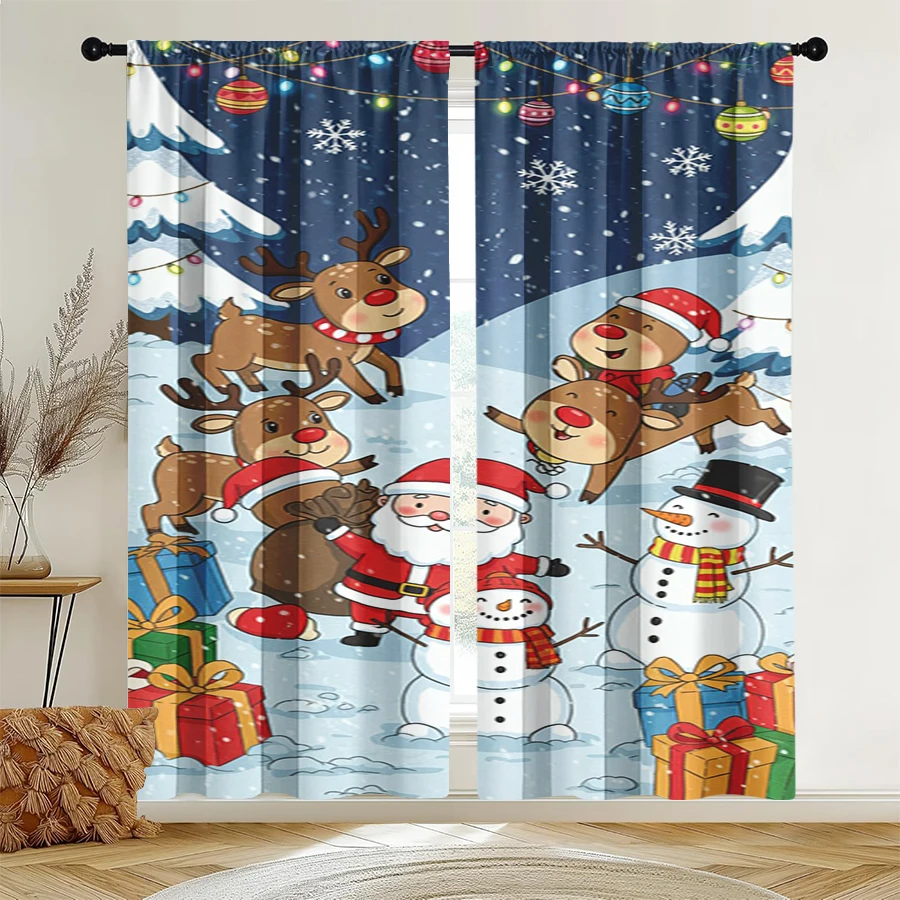 2PCS Christmas Winter Curtains, Cartoon Santa Reindeer Snowman, Digital Print, Bedroom Living Room, Home Decor Window Drapes