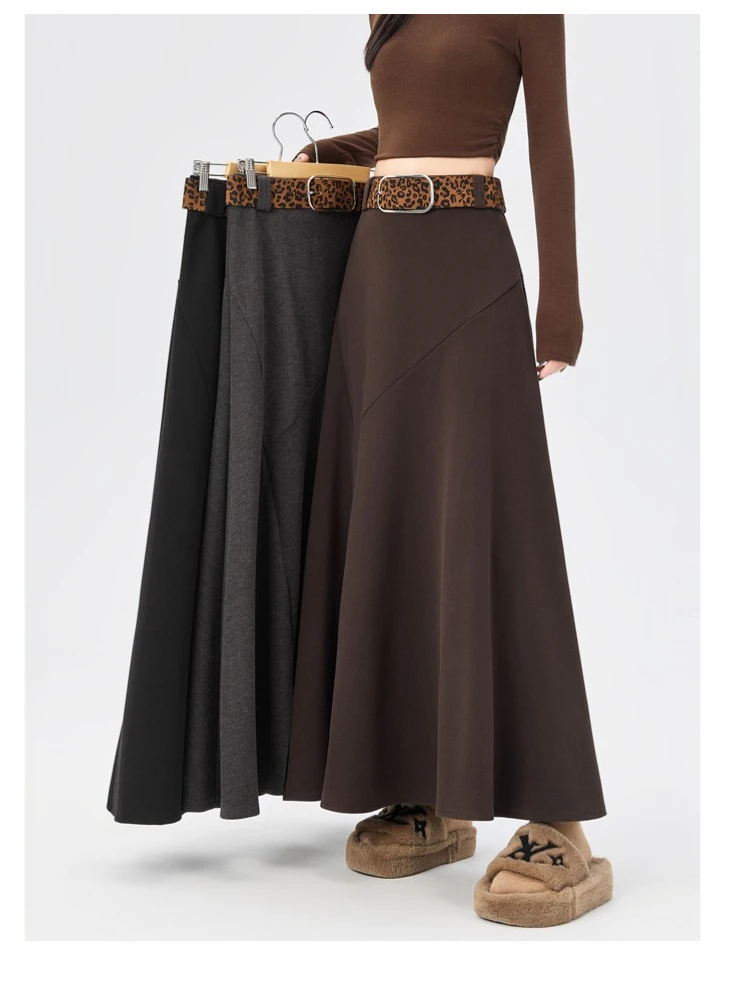 

High Quality Slimming Long Skirt Women Fall Winter 2025 A-line Woolen Umbrella Skirt Female Elegant Outwear Faldas with Belt New