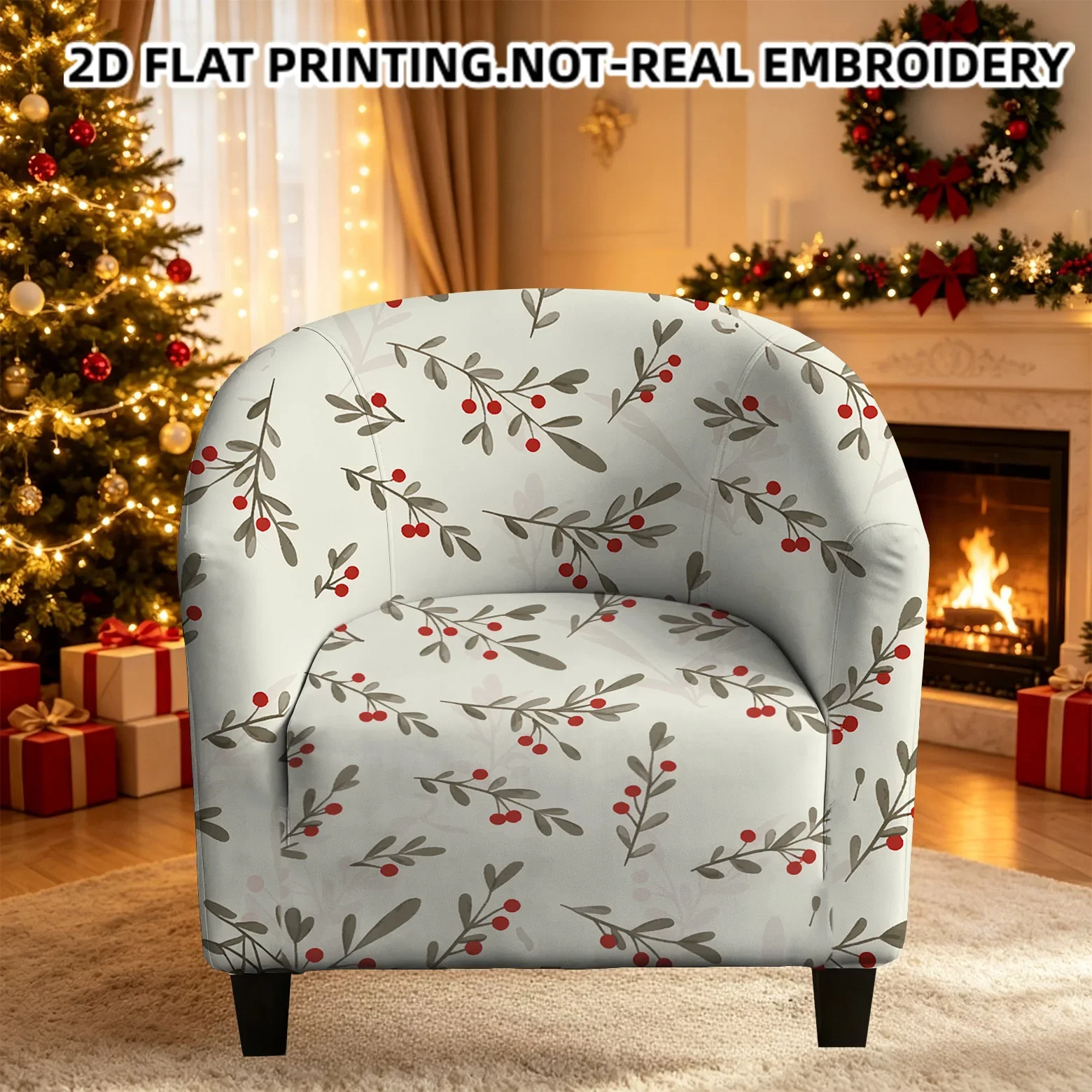 Christmas seamless printed mistletoe and red berries pattern armrest sofa cover, 2D printed elastic single club sofa cover