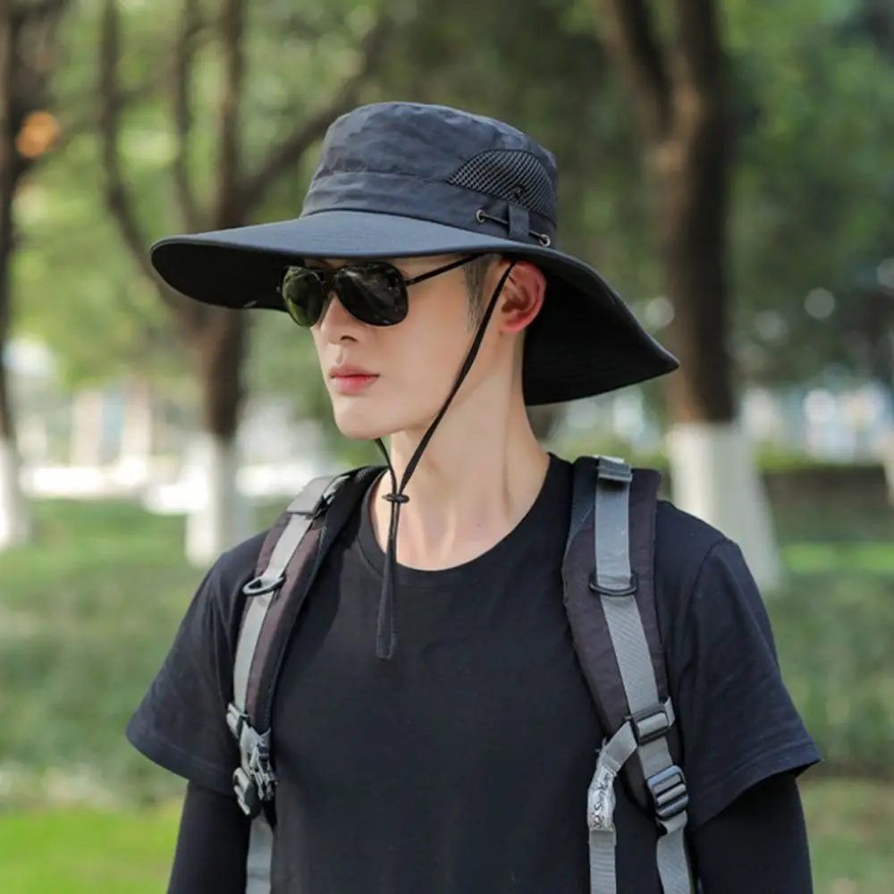Summer Foldable Large Brim Sun Hat Polyester Solid Color Fisherman Hat Shade Cap Breathable Fishing Hat Outdoor