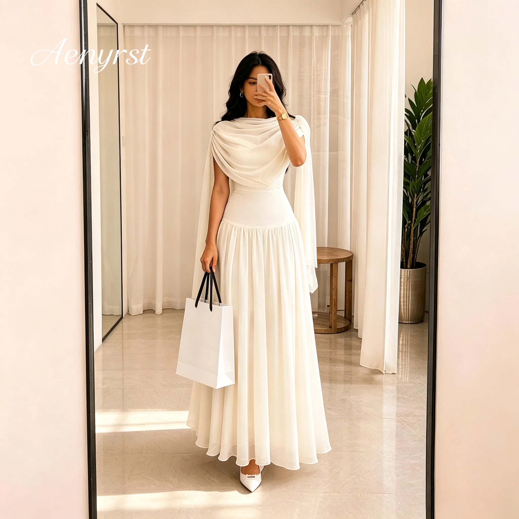 Off‑White Cowl Neck Cape Sleeve Chiffon Bridesmaid Maxi Dress, High Waist Flowy Floor‑Length Formal Gown