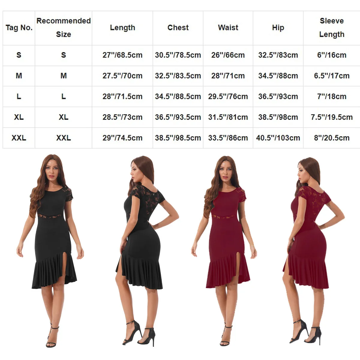 TiaoBug Women Latin Dance Dress Scoop Neck Ruffle Lace High Low Ballroom Samba Tango Salsa Dancewear Stage Performance Costume