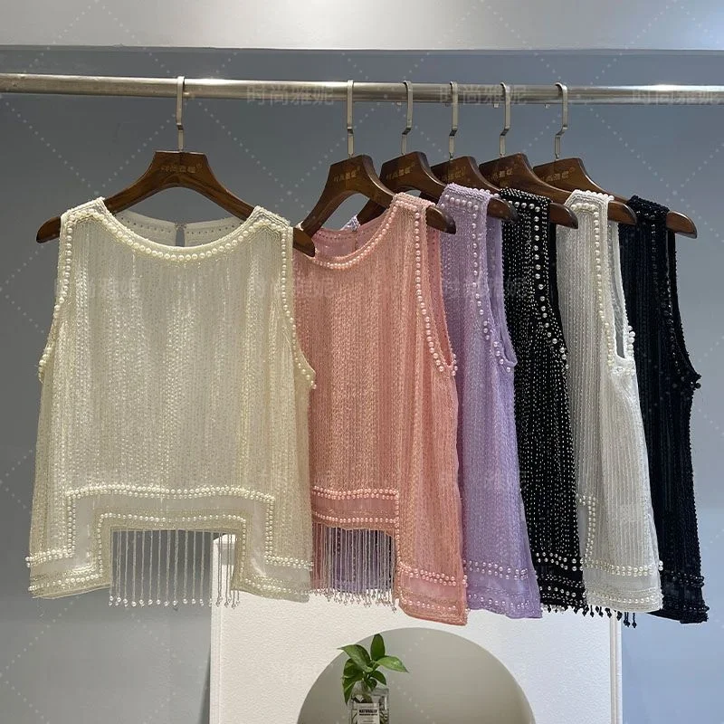 

Faionable Yanie Summer New Heavy Work Pearl Beaded Vest Irregular Tassel Women's Trendy Lace irt round Ne Svel