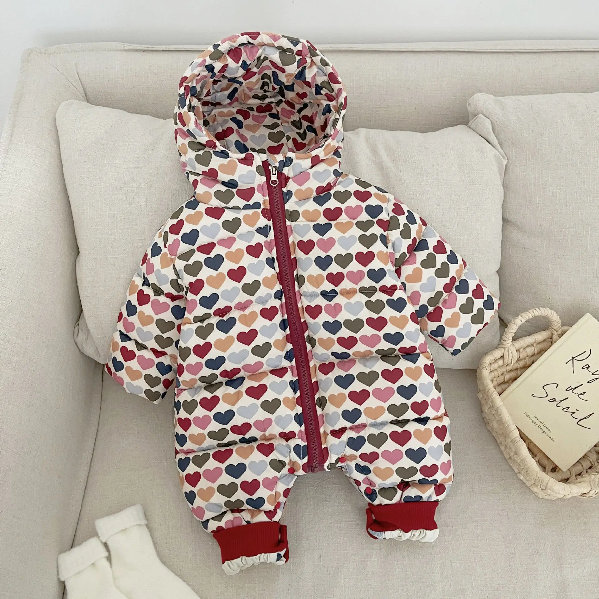 Baby Winter Cotton Jumpsuit Bodysuits for Baby Girls with Heart Printed Thick Outdoor Clothes Cute Baby Crawling Clothes