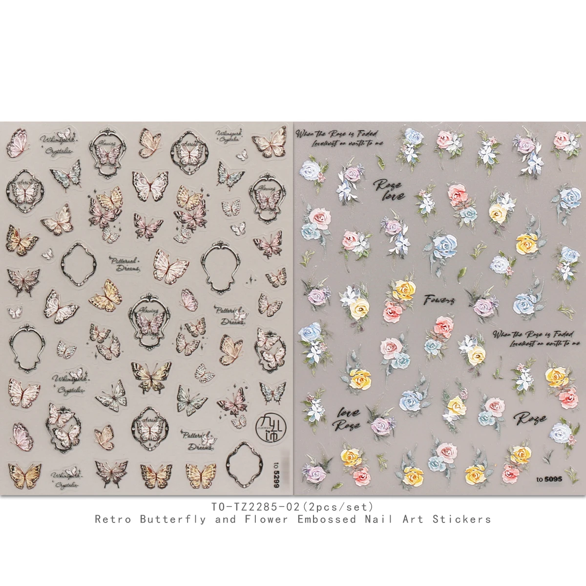 2 szt. Naklejki na paznokcie w stylu vintage z motywem motyli i kwiatów - Delikatne naklejki do zdobienia paznokci, łatwe w aplikacji, dekoracja paznokci, DIY, prezent