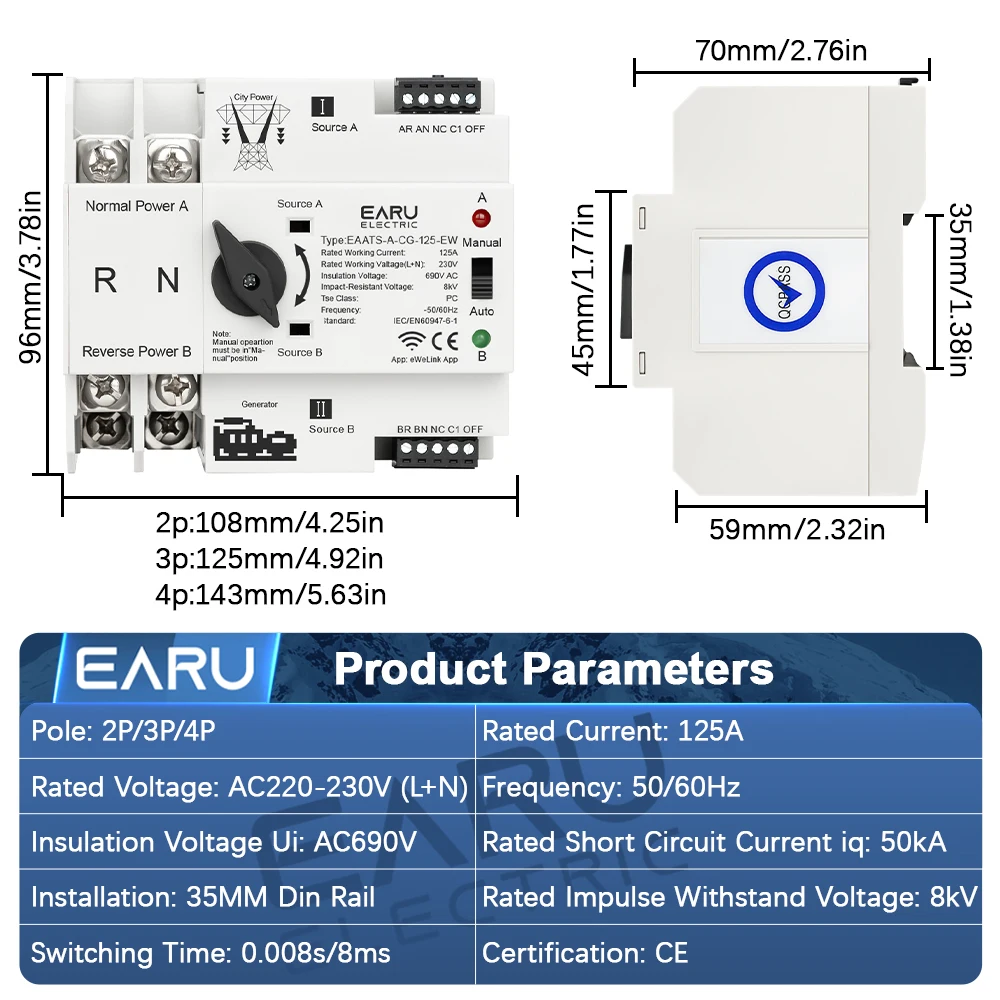 EWeLink WiFi Smart Remote Control 2/3/4P 125A AC 230V ATS Dual Power Automatic Transfer Electrical Selector Switch Uninterrupted