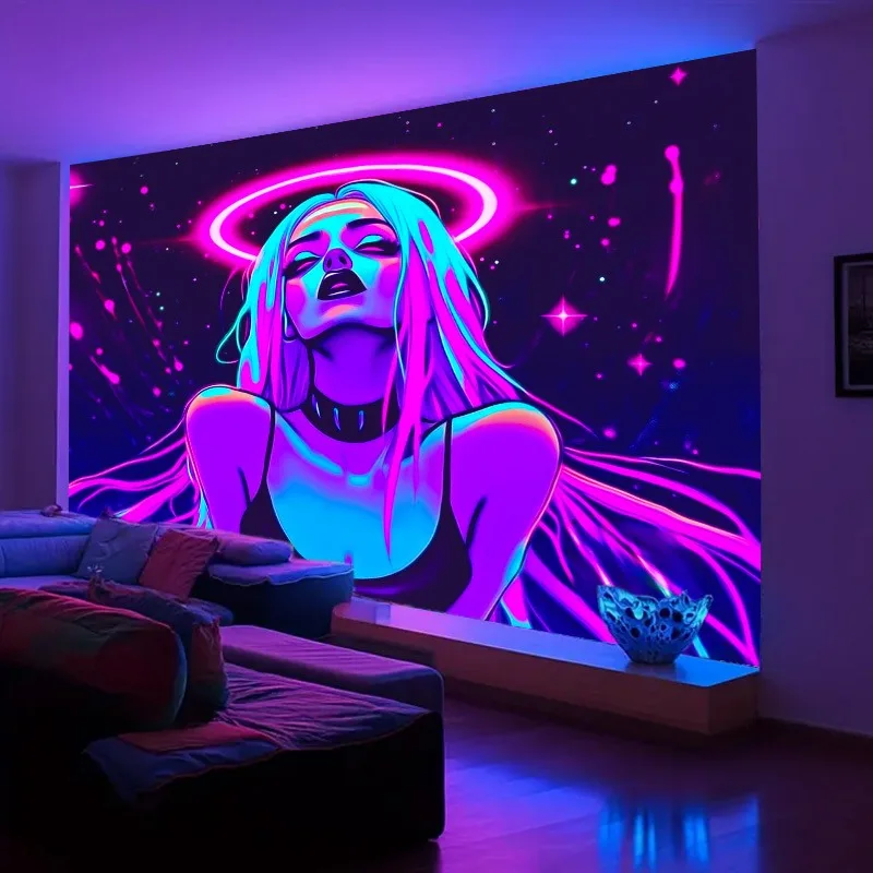 Neon Color Pattern Cyber Girl Fluorescent UV Tapestry Indoor and Outdoor Family Games Club Party Decoration