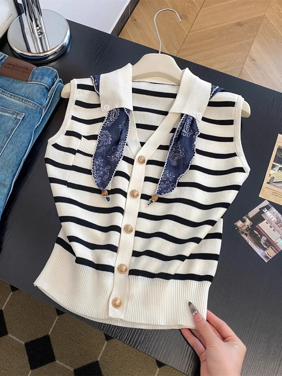 سترة محبوكة بدون أكمام بخطوط متباينة الألوان بتصميم عتيق، قطعة علوية عصرية نحيفة للنساء، مناسبة للصيف والتنقل اليومي، قصة مست...