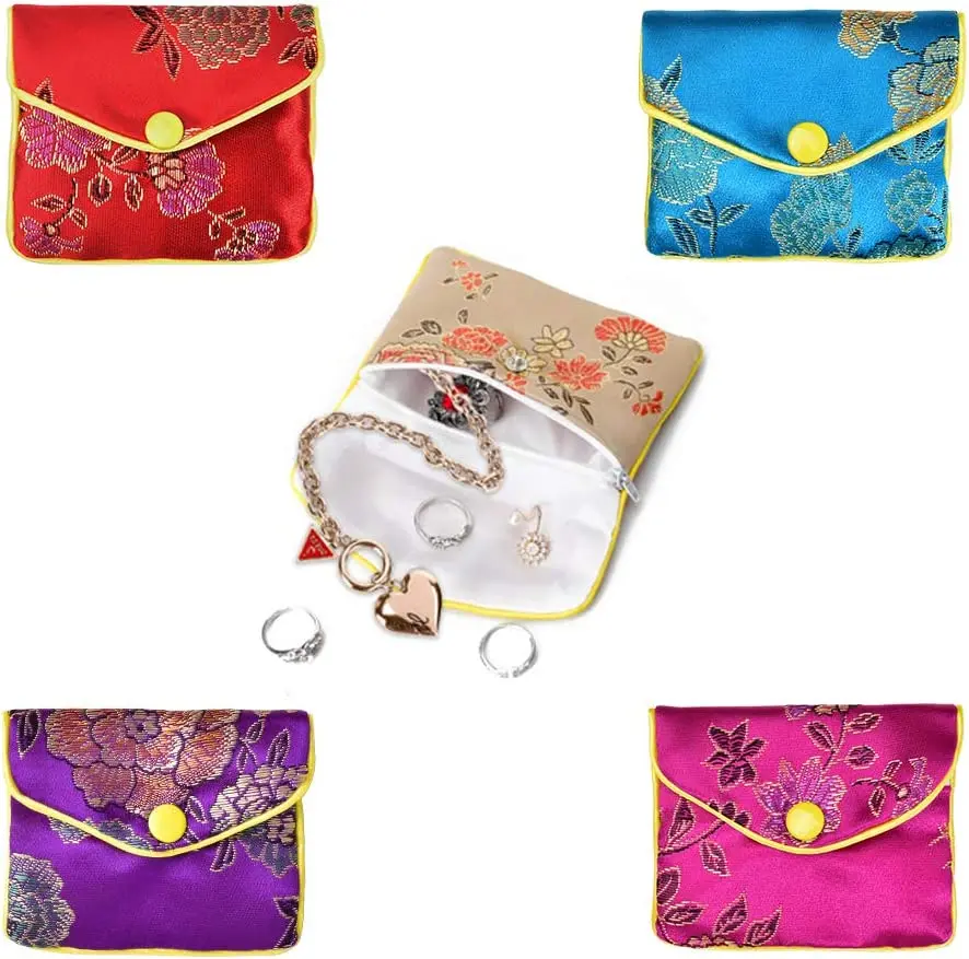 20pcs 7x8cm Silk Purse Pouch Gift Bags Chinese Silk Style Brocade Embroidered Bags for Women Girls 5 Colors