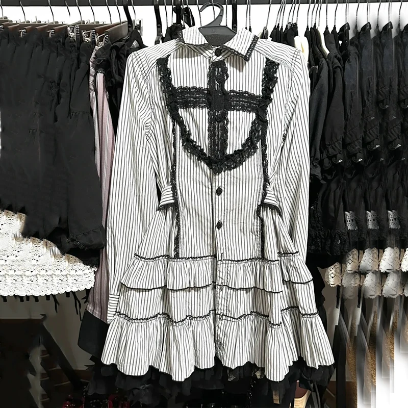 โกธิคลายชุดผู้หญิงวินเทจลูกไม้เย็บปะติดปะต่อแขนยาวชุดญี่ปุ่นหวานกระโหลกสไตล์ลูกไม้ขึ้นสายเสื้อVestidos