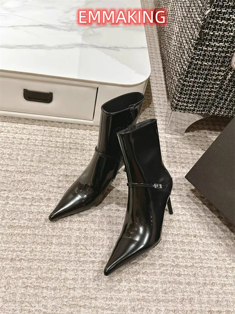 Senior Sense Pointed Toe Stilettos Ankle Boots Sexy Temperament Black French Single Boots Pu Metal Buckle Side Zipper Slim Boots