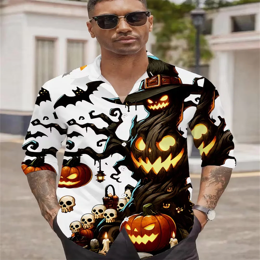 Men's Halloween Pumpkin Print Long Sleeve Shirt Turn‑down Collar Button‑Up Shirts Scary Ghost Bat Pattern Casual Party Festival