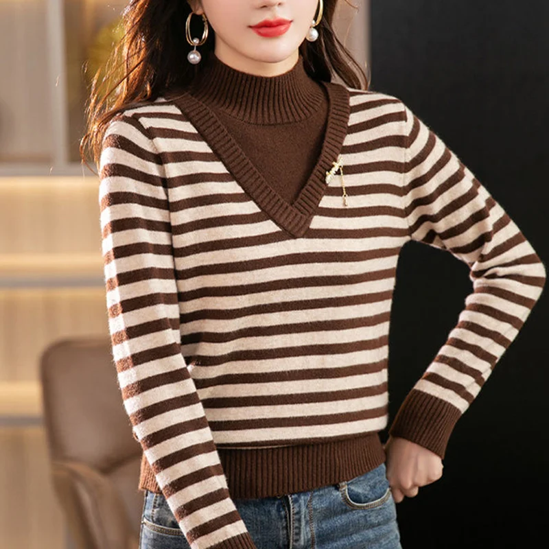 Half Height Collar Striped Fake Two Pieces Knitting Sweater Ladies New Temperament Casual Loose Oversized All-match Pullovers