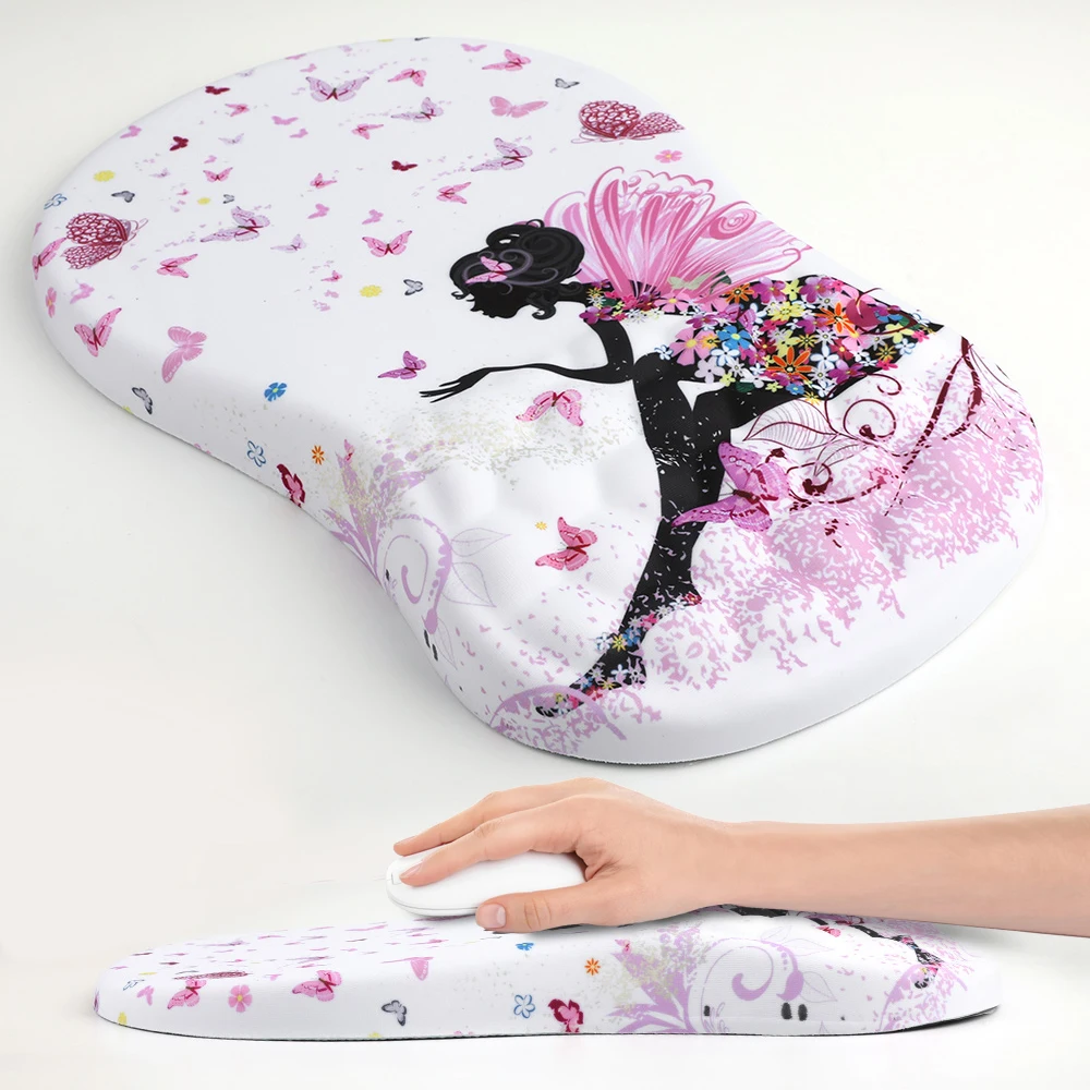 Mouse Pad with Wrist Rest & Massage Design, Ergonomic Mouse Pad with Non-Slip Base, for Gaming & Office (Pink Butterfly Girl)