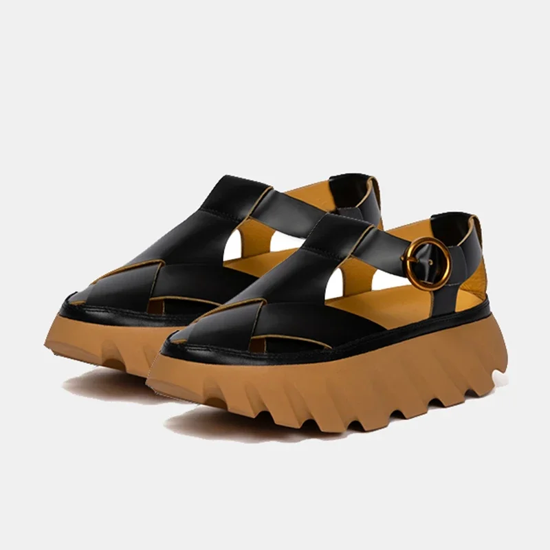 2026 Spring Summer Thick-Soled Closed-Toe Sandals for Women Cowhide Casual Outdoor Beach Shoes Platform Hollow Roman Shoes