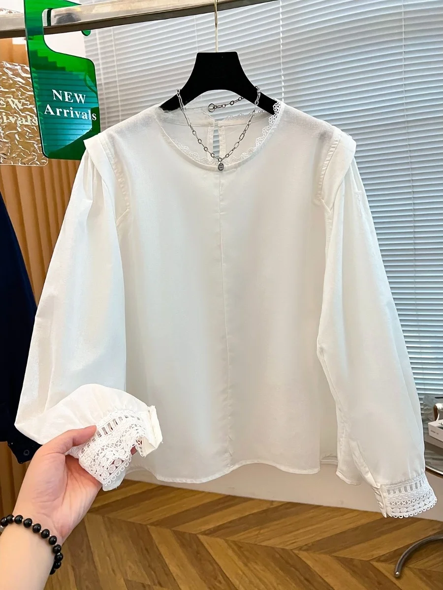 

Lace Trim Long Sve Women's irt Spring Autumn Loose Slimming Casual Base Layer Top Vintage Sle Comfortable Breathable