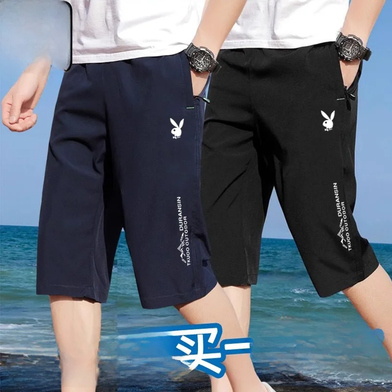 

Мужские летние тонкие быстросохнущие спортивные повседневные брюки из ледяного шелка, свободные, дышащие, прямого кроя, длиной 7/8