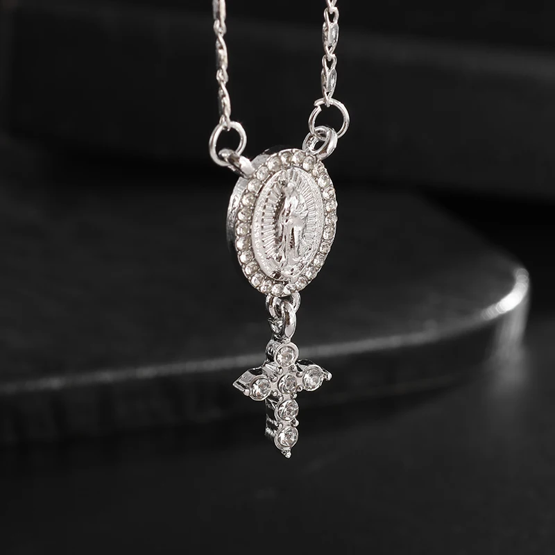 Catholic Virgin Mary Cross Inlaid Zircon Pendant Necklace for Women Faith Christian Prayer Jewelry