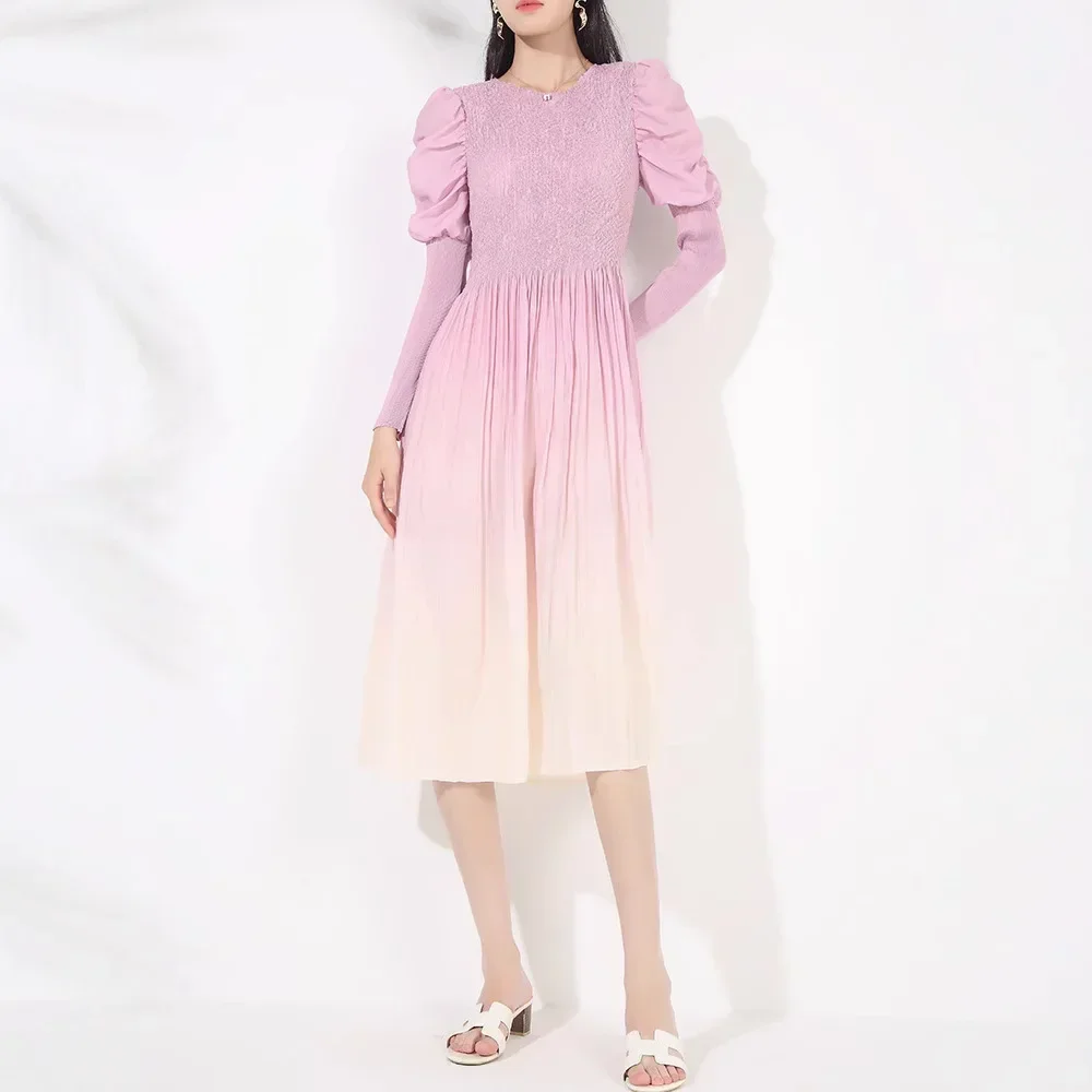 2024 Miyake French Autumn Winter New Dress Gradual Change Handmade Round Neck Pullover Commuting Pleated Dresses Women Clothing