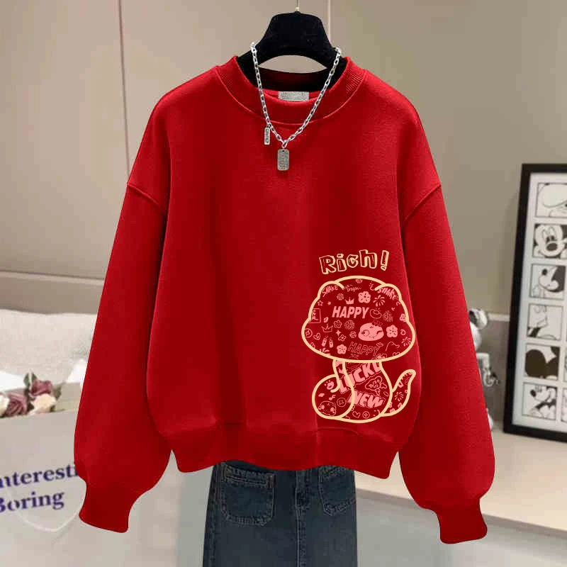 

Красная круглая толстовка с подкладкой Ne Fce для женщин, свободного кроя, больших размеров, с принтом «Год Змеи», специальная новогодняя коллекция.