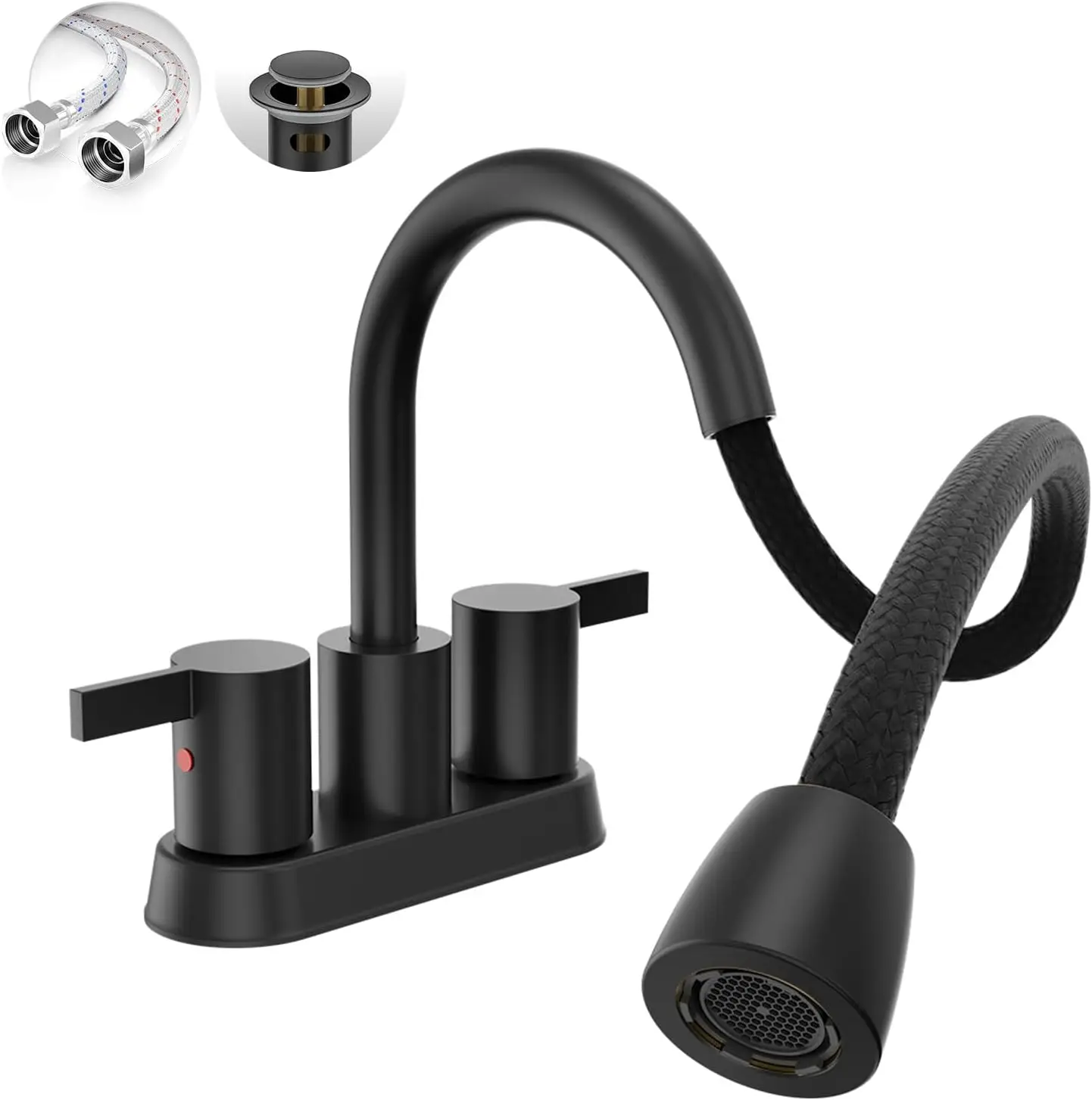 

4-Inch Centerset Black Bathroom Faucet with Pull-Out Sprayer, Swivel Spout, Pop-Up Drain, Supply Lines - BF04011-K01-MB