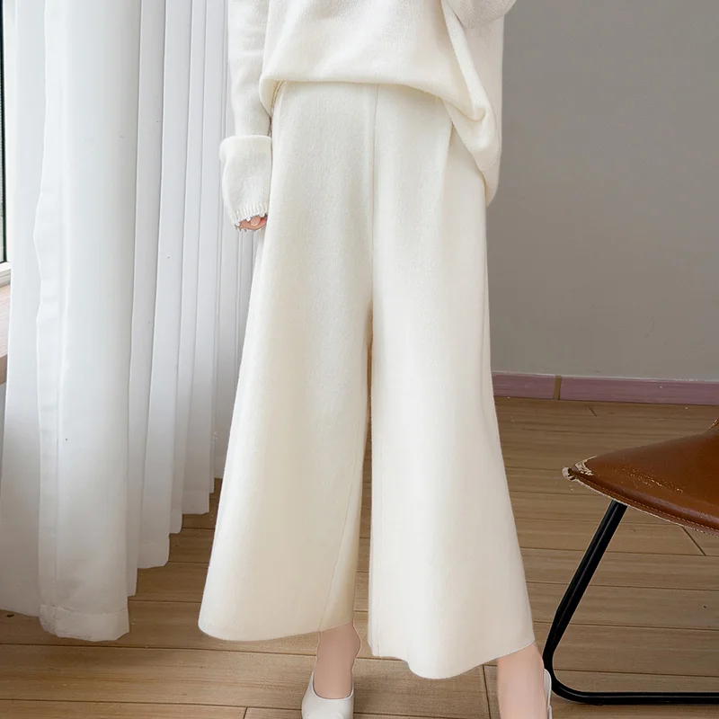 New hot selling autumn and winter series 100% pure wool women's wide leg pants, loose knit trendy women's wool cropped pants