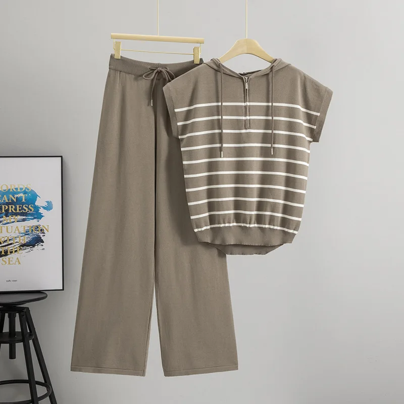 

Fashion Sleeveless Casual Striped Knitted Sweater Wide-leg Pants Two-piece Set