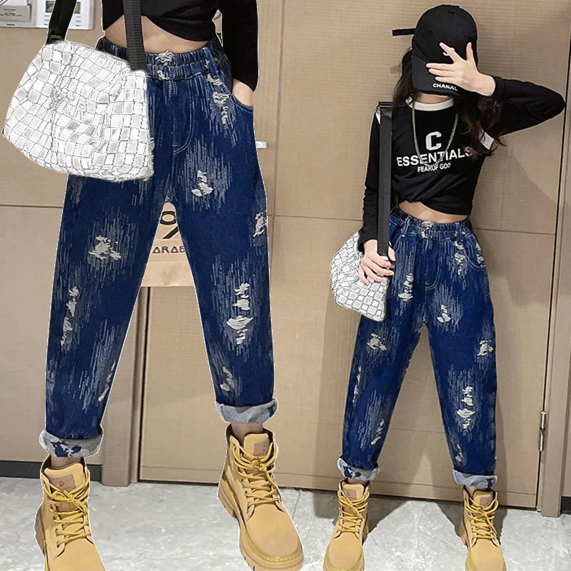 IENENS Girls Jeans 6 to 9 Years Old Fashion Soft Loose Denim Pants Teen Straight Trousers