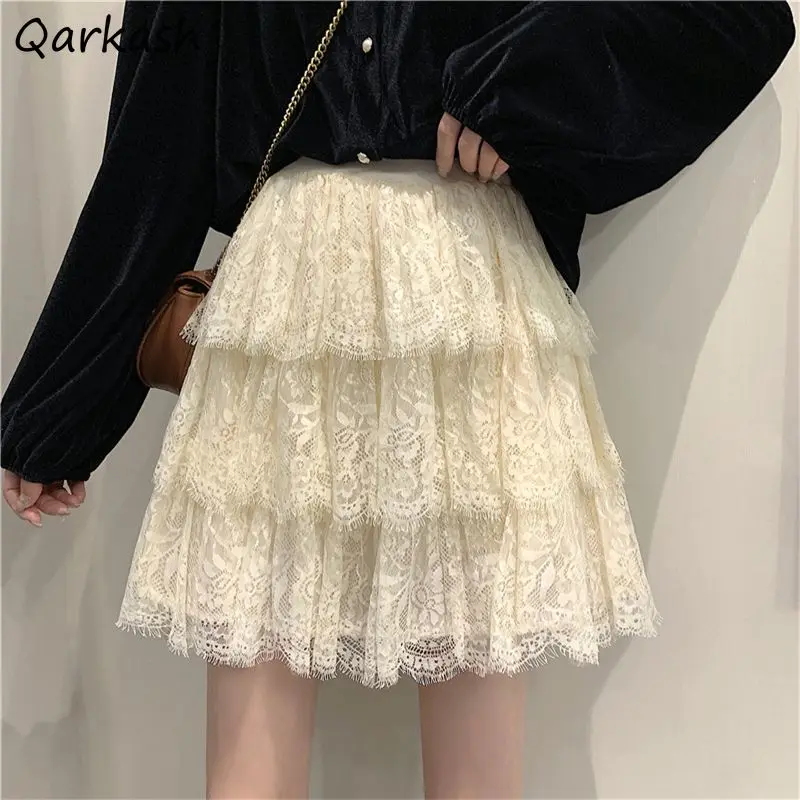 

Skirts Women Mini Lace Ball-gown A-line High Waist A-line Korean Ballet Style Summer Sweet Girls Preppy All-match Fairy Elegant