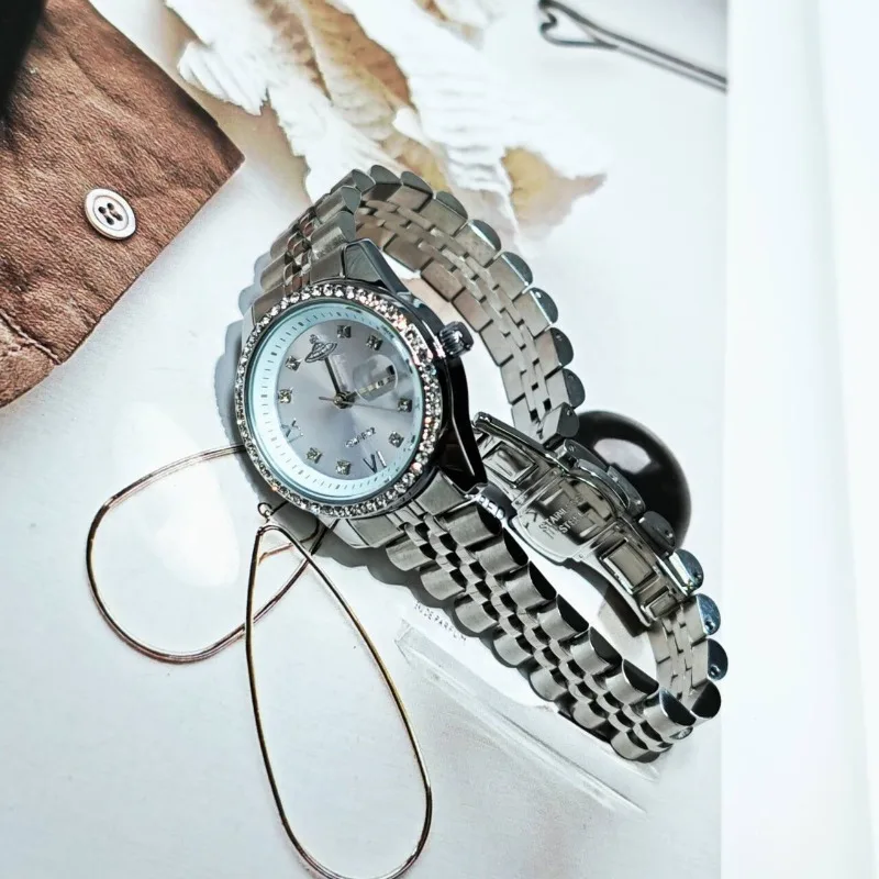 Jam Tangan Wanita Bertabur Berlian, Merek Mewah Ringan Klasik, Tali Logam Tahan Air yang Elegan, Jam Tangan Kuarsa Modis untuk Wanita