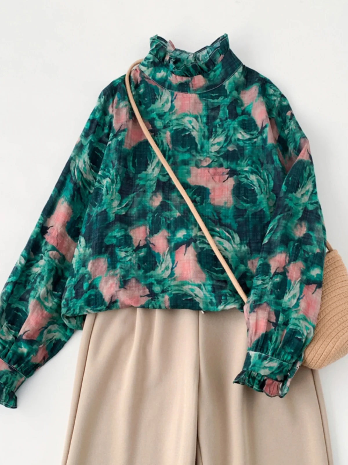 

Лляной топ с кружевным воротником в стиле ретро, весенне-осенний художественный молодежный длинный свек с цветочным принтом, повседневный шикарный топ